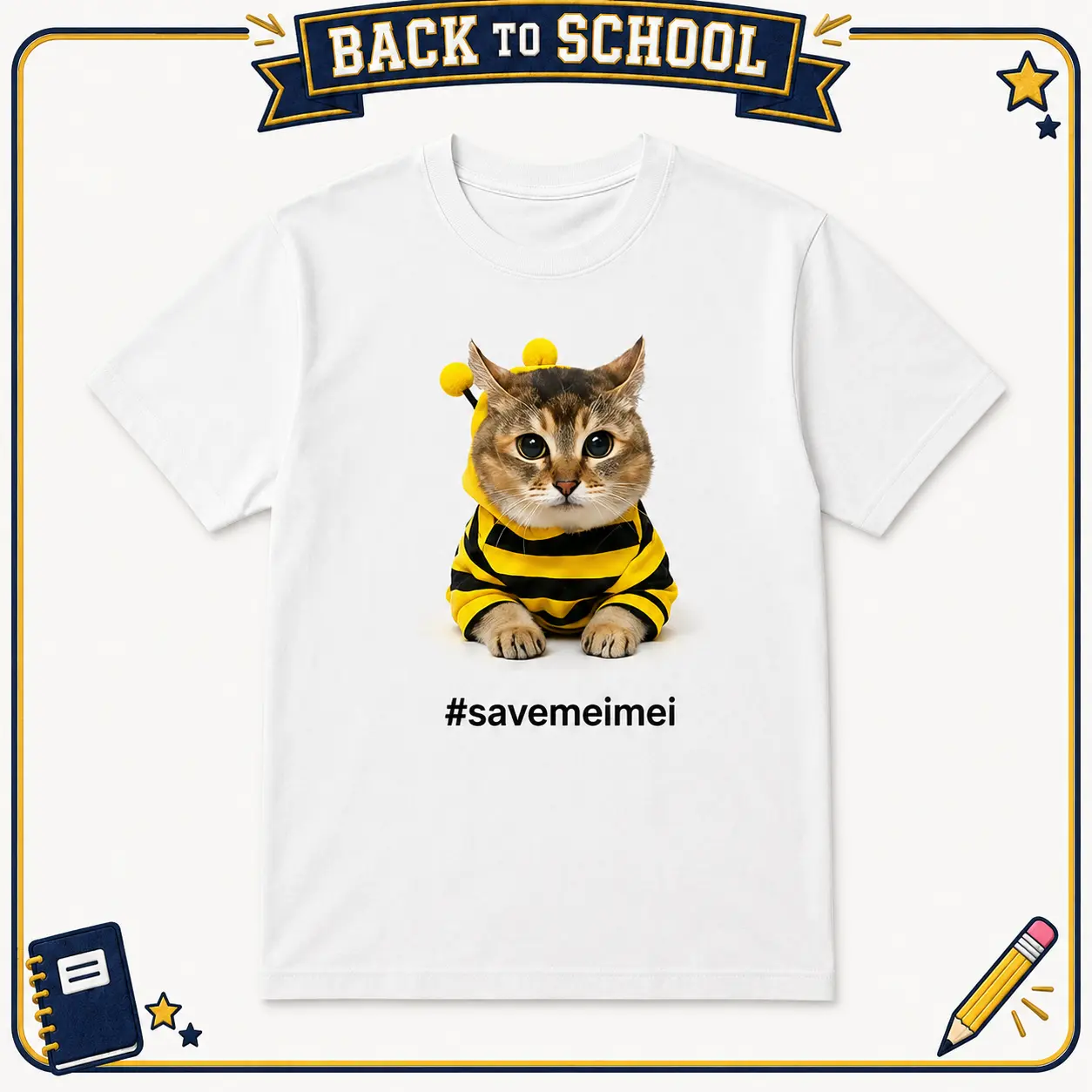 Save Meimei Hashtag SaveMeimei Cute Cat in Bee Costume Graphic T-Shirt White Unisex Oversized Cotton Casual Short Sleeve Tee Aesthetic Streetwear Apparel Summer Top