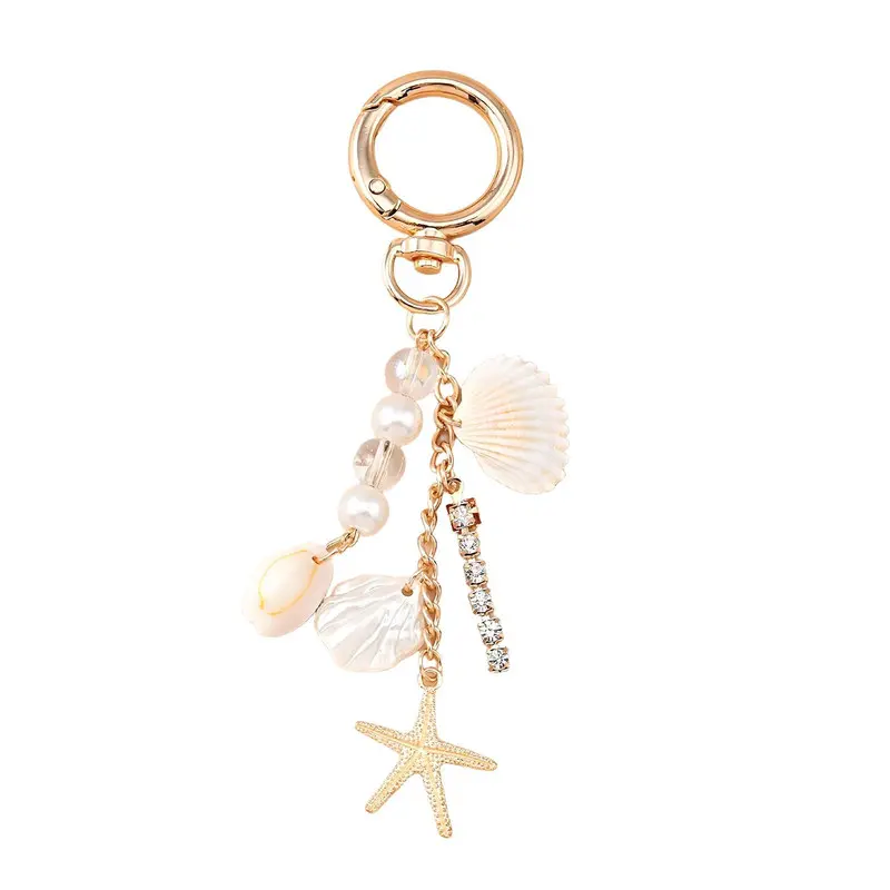 Women's Gold Beach Keychain - Cute Starfish, Pearl, Seashell Design - Coastal, Ocean, Elegant, Fashion, Decorative Chain Keychains - Bag/Purse Charms, Summer Travel Gifts, Coastal Keychain