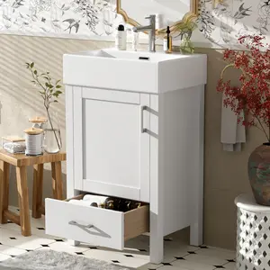 20.28'' Modern Bathroom Vanity with Ceramic Sink, Solid Wood Frame, and Drawer – Ideal for Small Bathrooms.
