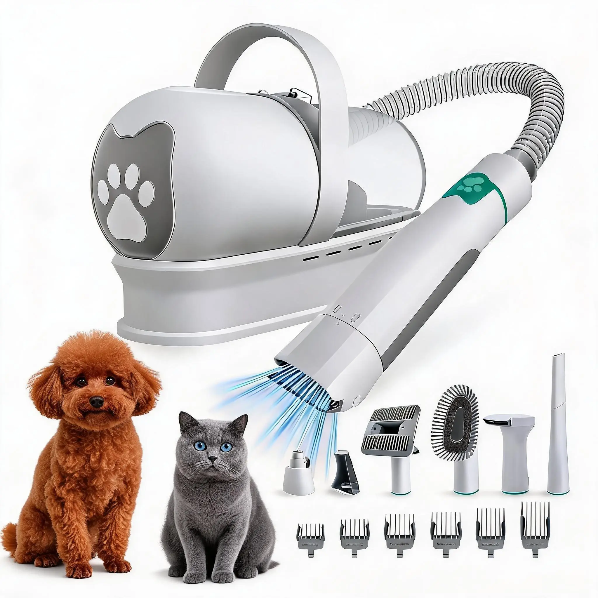 7-in-One Professional Dog and Cat Shedding Care Appliance, Multipurpose Grooming Vacuum Device with Hair Trimmer, Adjustable Speed Clipper and Nail Smoother