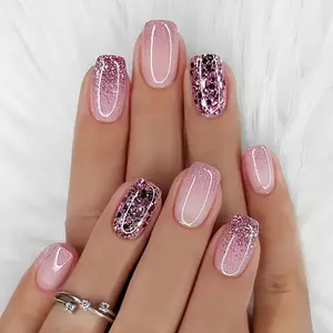 A Set of 24 Nail Stickers, Short Square Glitter Gradient, Pink, Removable Artificial Nails, Nail Trimming, Beauty Personal Care, Foot and Hand Nail Care, Nail Art Accessories