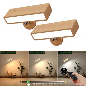 YiLaie Wall Sconces Battery Operated Set of Two,Rechargeable Wall Lamps for Bedroom,Wall Lights Wireless Dimmable,Wood Wall Sconce with 360 Rotation,Peel and Stick Wall Sconces for Bedroom Bedside
