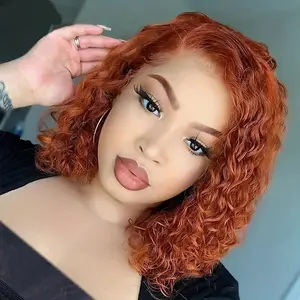 BOB Wig Ginger Orange Water Wave #350 Colored 13x4 Transparent Lace Front Wig Human Hair For Women Deep Curly Wigs Pre-Plucked With Baby Hair Bob Wig Big Lace Kinky Curly Hairstyle 200% Density