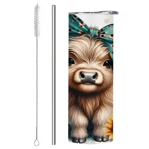 20oz Highland Cow & Floral Stainless Steel Insulated Travel Mug Tumbler with Lid and Straw, Perfect Gift for Office, Outdoor, Camping Thermos Cup