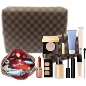 Stylish Checker Pattern Makeup Bag Set (2 Pcs), Portable Leather Makeup Pouch, Women’s Travel Toiletry & Lipstick Organizer, Ideal for Christmas, Birthdays
