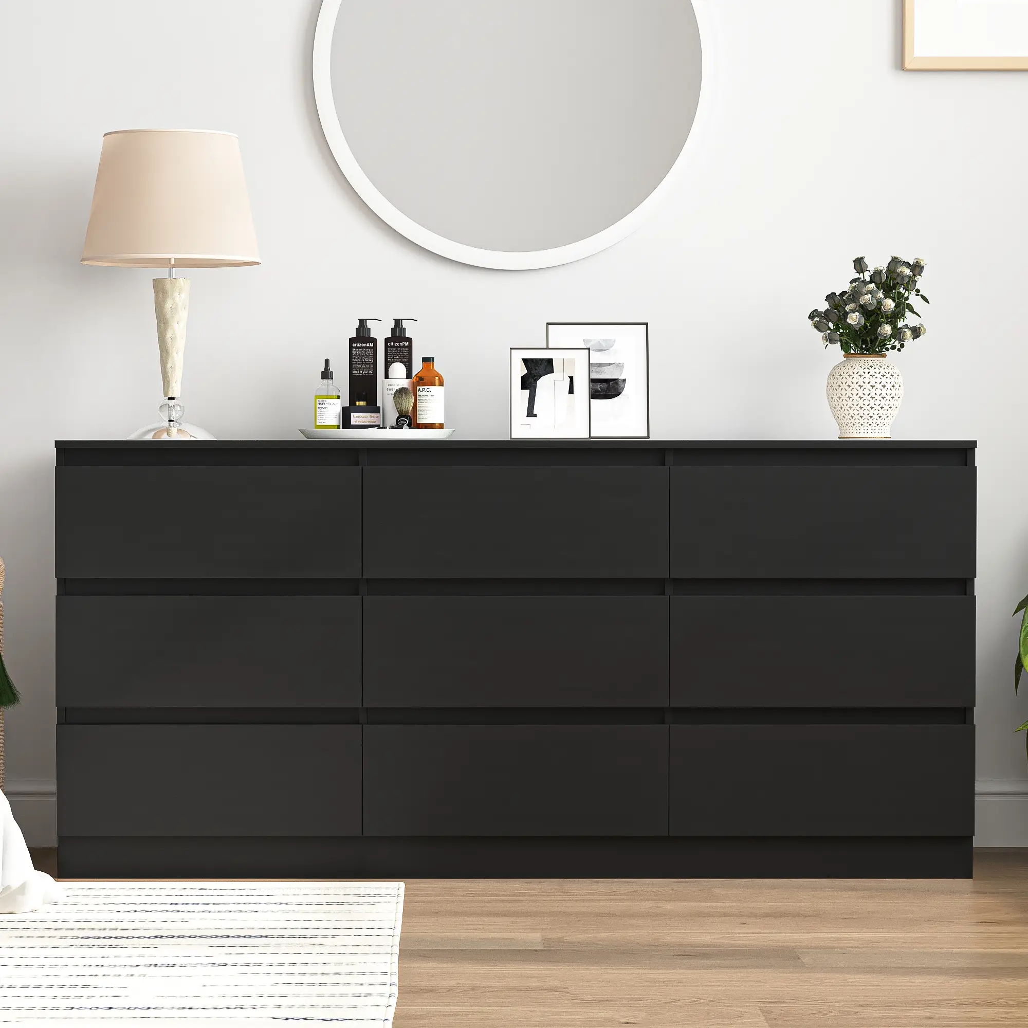 Spaco Modern Wide Black Dresser with 9 Drawers,Chest of Drawer Storage Cabinet for Clothes,Bedroom Storage Organizer Night Table for Bedroom,Closet
