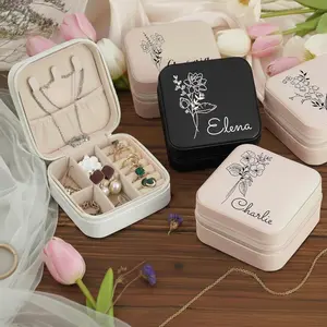Personalized Birth Flower Jewelry Box with Name – Custom Leather Travel Case, Birthday & Bridesmaid Gift for Women