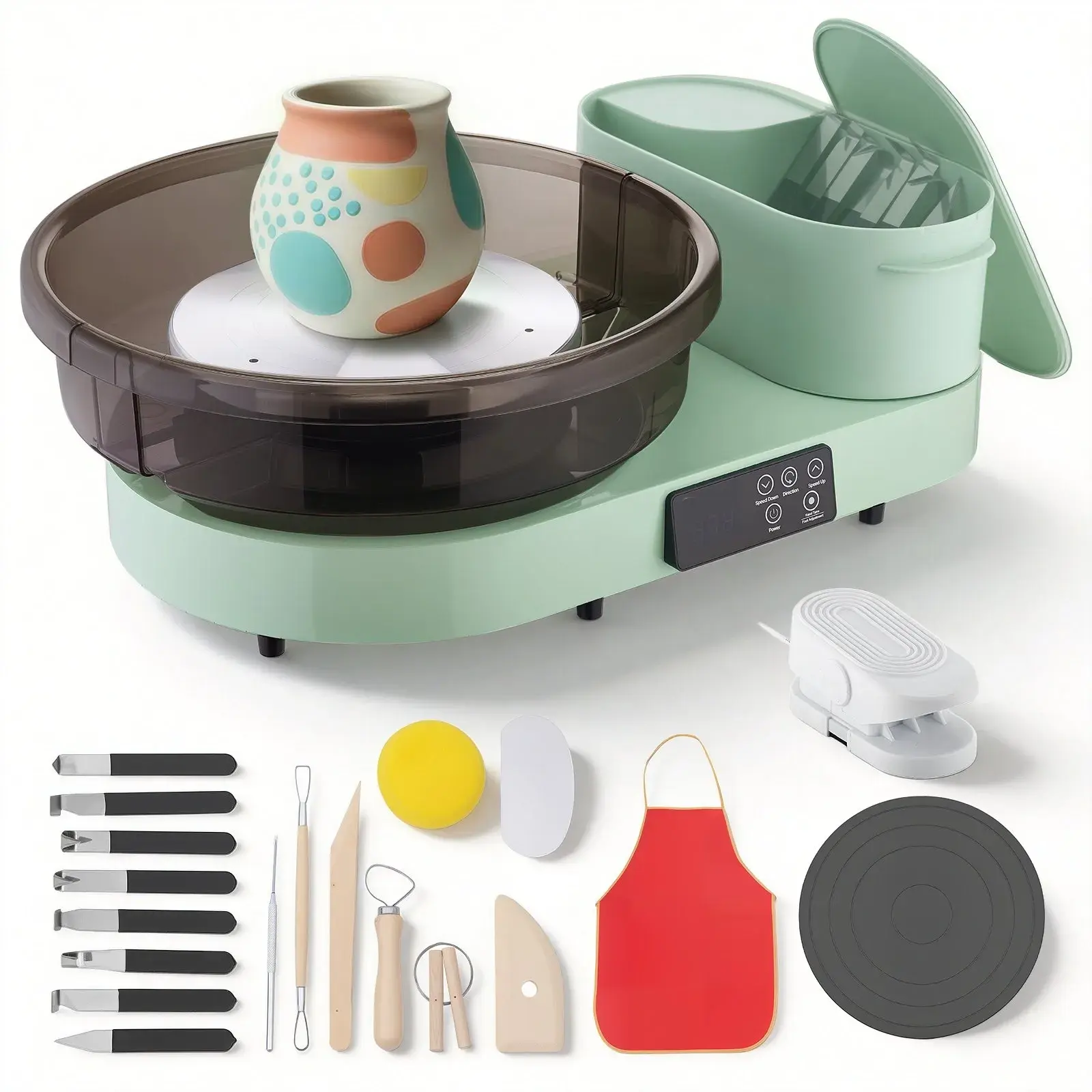 Pottery Wheel for Adults, 14" and 11" Turntables, 450W Electric Table Top Pottery Wheel with Foot Pedal, 30-300 RPM Adjustable Speed, Aluminum Body, for Beginners, DIY Clay Art Craft, Green