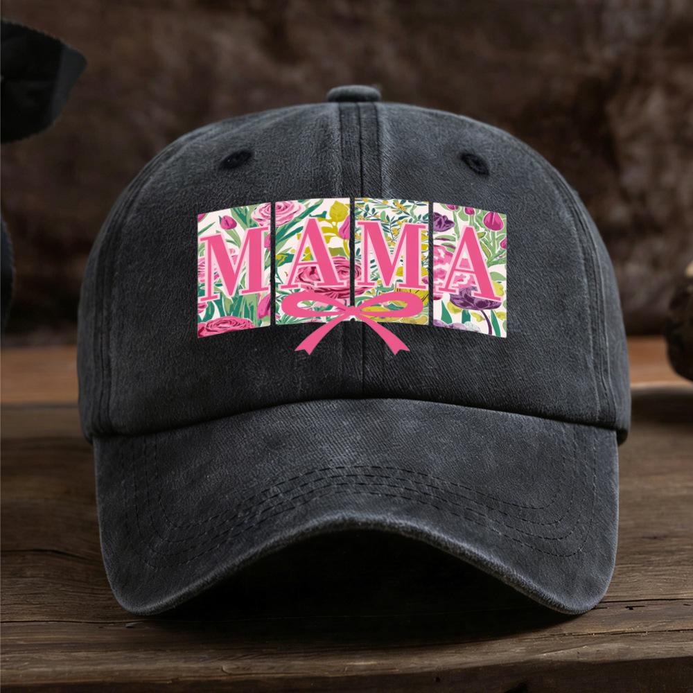 Retro washed cap baseball cap MAMA Mother's Day letter bow print Vintage retro adjustable cross-border holiday gift sun protection