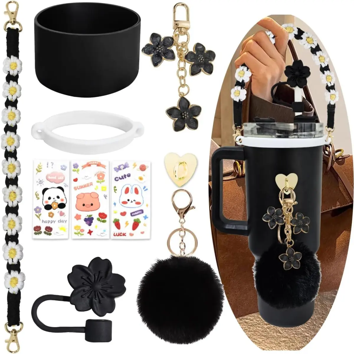 Accessory Set for Stanley Cup 40oz 30oz Tumbler - Silicone Straw Topper, Boot, Handle Strap, Charms, Stickers - Black, Reusable, BPA Free