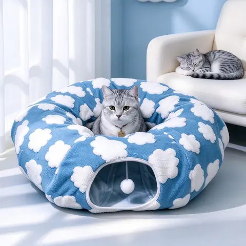 Large Cat Tunnel Bed for Indoor Cats - Cute Cat Donut Tunnel Toys for Small Large Cats with Washable Circle Cushion, Round Pet Peekaboo Cave Toy for Kitten/Puppy/Rabbit, Standard Blue