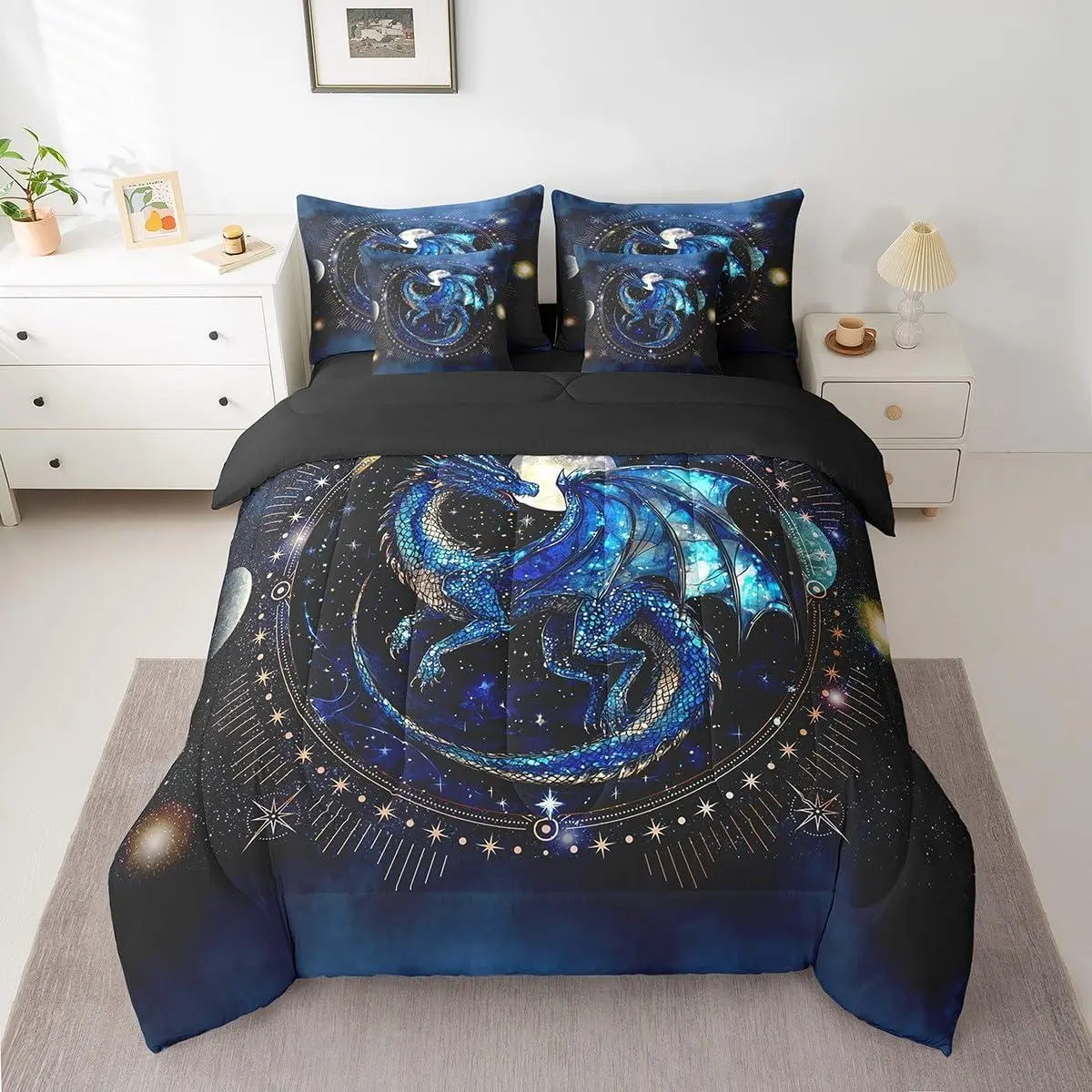 Dragon Comforter Set with Sheets Dragon Stuff Bed in a Bag for Boys Girls Teens Luxury 7 Pieces Bedding Set Dragon Decor Bed Set Room Decor Blue Black