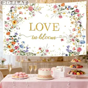 2D FLAT 1pc Love in Bloom Bridal Shower Decor Studio Props Backdrop, Polyester Wildflower Wedding Shower Background, 6x3.6ft/5x7ft/6x8ft Spring Floral Engagement Wedding Bachelorette Party Decor Supplies Photo Booth Props