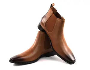 Men's Real Leather Cognac Chelsea Boots Ankle High Pull On Round Toe Slip Resistant Block Heel AZARMAN