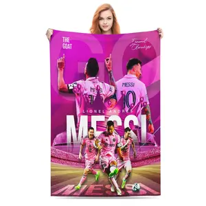 Lionel Soccer Messi Flannel Blanket, Pink Jersey Collage Design with Stadium Theme, Soft Cozy Throw Blanket for Home Bed Couch Nap Office Travel Camping, Lightweight Decorative Sports Blanket