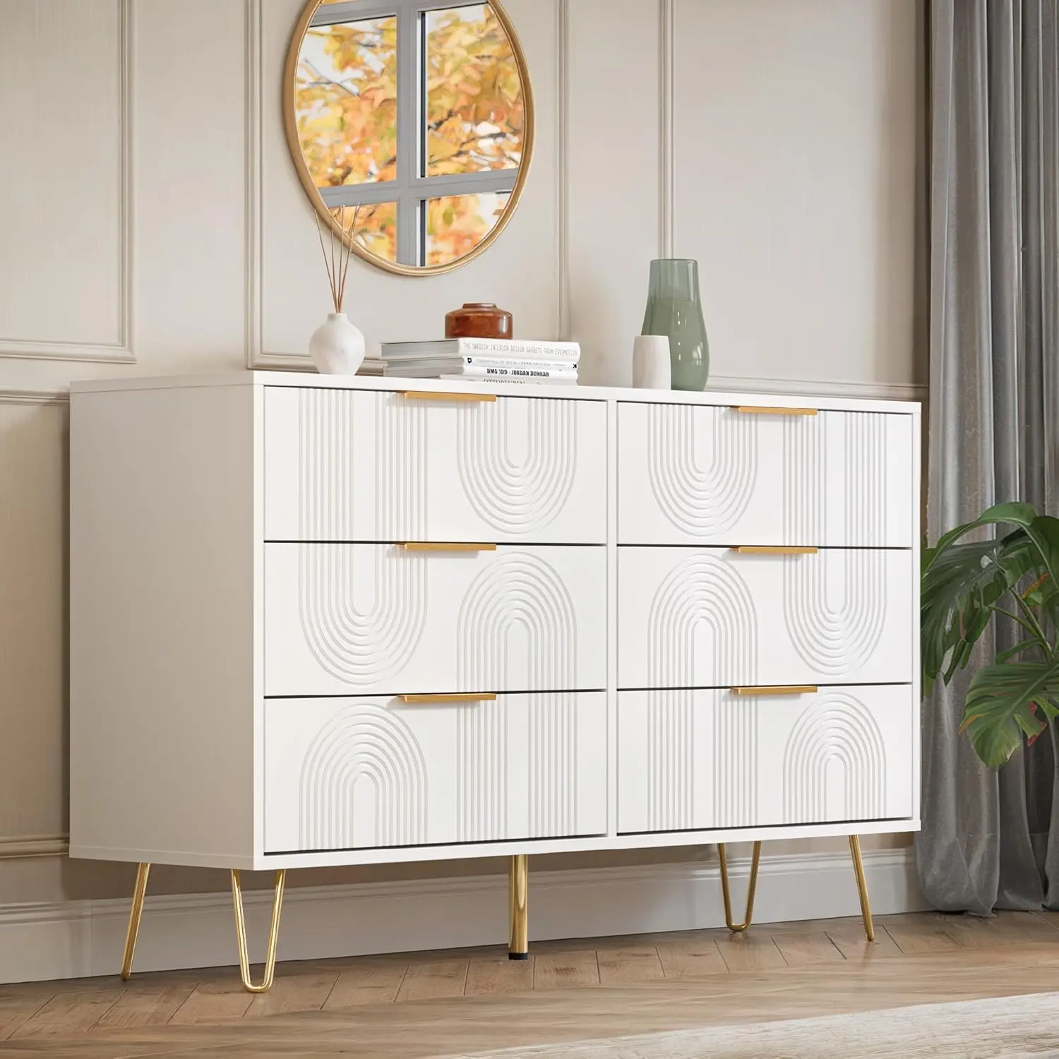 6-Drawer Engineered Wood Nightstand Cabinet, Eco-Friendly Durable White Drawer Storage Cabinet, Versatile End Table Dresser for Bedroom, Living Room