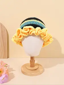 Neutral Dual Tone Striped Knit Fisherman Hat, Lace Detailing, Fitted Design, Perfect for Outdoor Activities & Travel