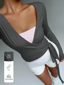 [Brandon Collura Fashion] FavEase Pink Yoga Fitness Active Highly Elastic Soft Wrap V-Neck Tie Waist Long Sleeve Cropped Tight T-Shirt, Fashionable Minimalist Casual Elegant All-Match Essential Wardrobe For Women, Spring & Autumn Fall Cloth For Women