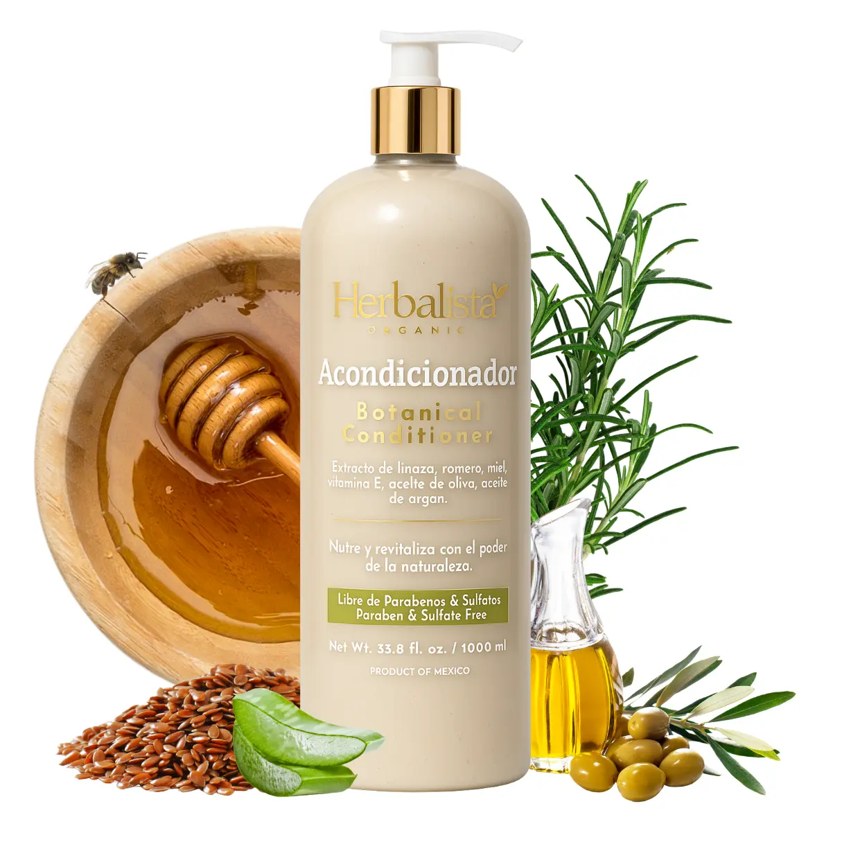 Herbalista Viral New Herbal Conditioner / Acondicionador 1000ml (33.8 fl oz) – With Rosemary, Coconut Oil, Flaxseed Extract, Aloe, Honey, Vitamin E & Olive Oil – Suaviza, Nutre, Hidrata – 100% Natural & Handcrafted