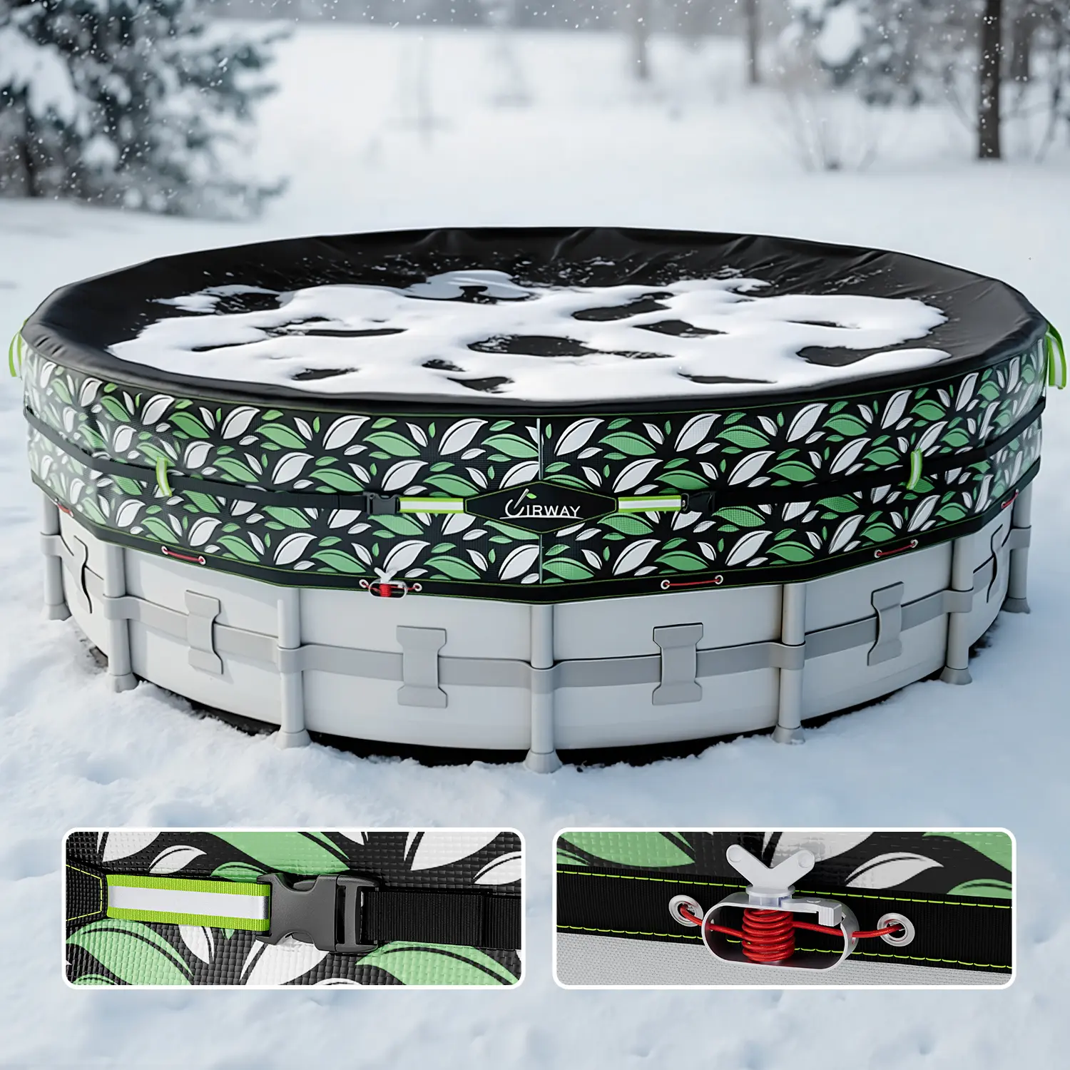 UIRWAY Heavy Duty Cold-Ready Winter Above-Ground Round Pool Cover (12-33FT) – Tear-Resist PE Tarp, Leaf Print, Easy Install, Dual Straps, Weight Pockets, Reflective Safety Strips, Windproof Waterproof, Fits Metal Frames, Pool Accessories Bundle, Swimming