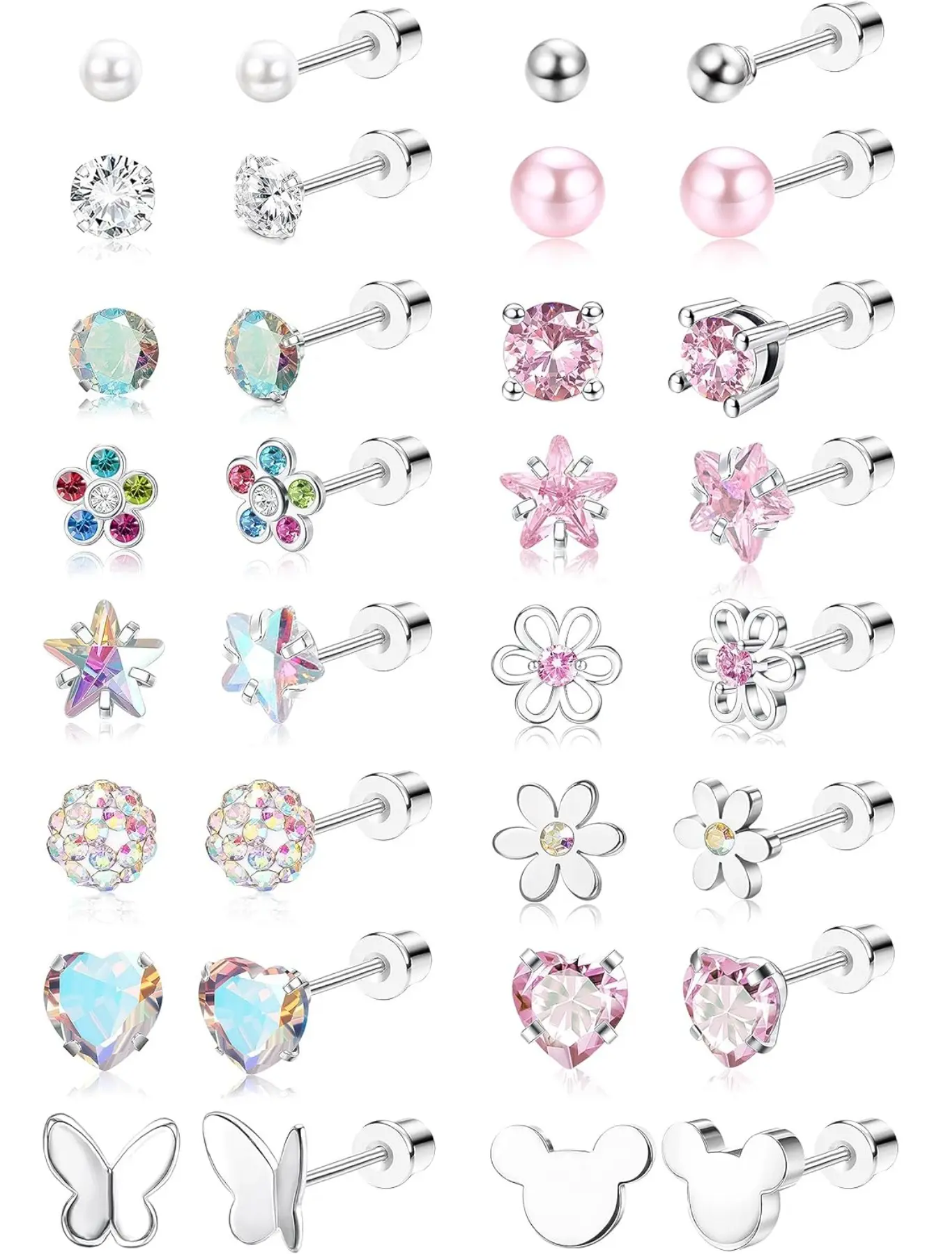 16 Pairs Hypoallergenic Screw Back Earrings for Women Girls 316L Stainless Steel CZ Ball Heart Flower Screwback Flat Back Stud Earrings Jewelry Gift Women Multicolored Pink Floral Stud Earrings