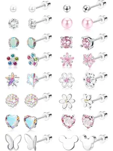 16 Pairs Hypoallergenic Screw Back Earrings for Women Girls 316L Stainless Steel CZ Ball Heart Flower Screwback Flat Back Stud Earrings Jewelry Gift Women Multicolored Pink Ear Studs