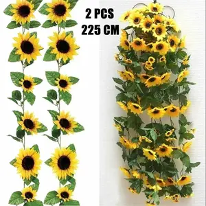 2pcs 225cm Artificial Yellow Sunflower Garland Flower Ivy Vine Home Wedding Decor Wall Hanging Arch Silk Sunflower Fake Plant Photo Decoration Items Graduation Party Decor Plastic Ornaments