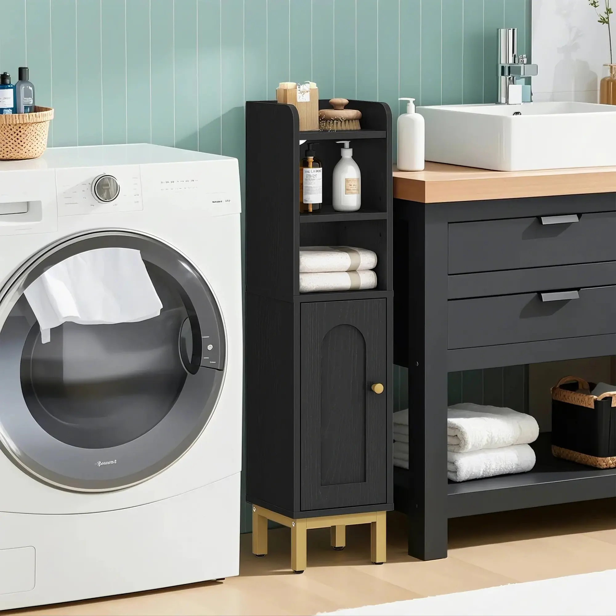 Hzuaneri Black Bathroom Corner Floor Cabinet - Narrow Single Unit with Metal Legs, Particle Wood Build, Door, Adjustable Shelves, Toilet Paper Holder, Quick Setup for Small Spaces, Narrow Form Organizer, Interior Storage Furniture, Flexible Configuration