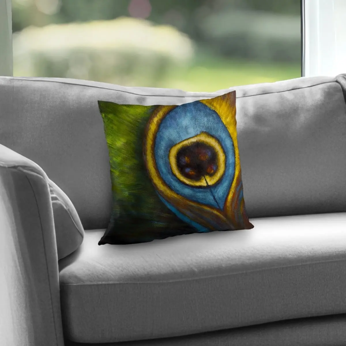 Begin Home Decor C1PT1414KK5P2Q 14 x 14 in. Peacock Feather Closeup Blue Bedroom Throw Pillow - Home Decor