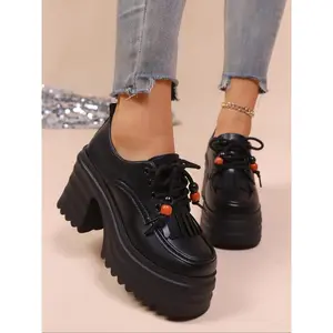 Punk Style Thick Sole Platform Shoes for Women, New Arrival Tassel Tie-Up Chunky Heel Retro Height Increasing Single Shoe