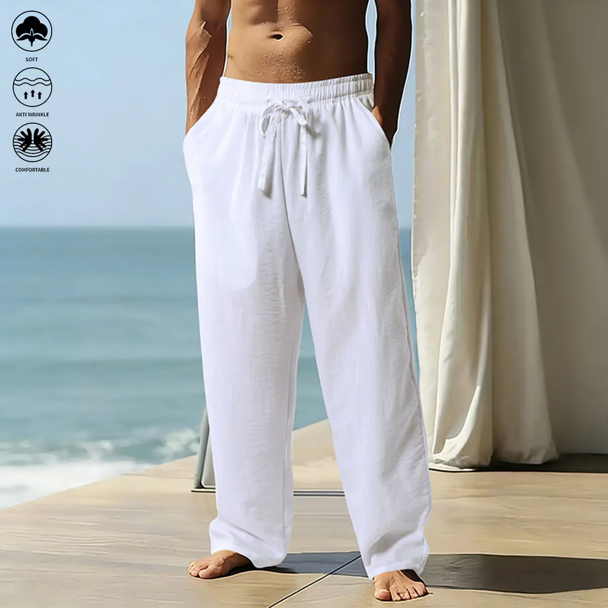 SummerWins Men's Linen Casual Athletic Shorts - Mens Clothing with Solid Color, Drawstring Elastic Waistband, Straight Cut, Ideal for Beach Jogging, Casual Outings