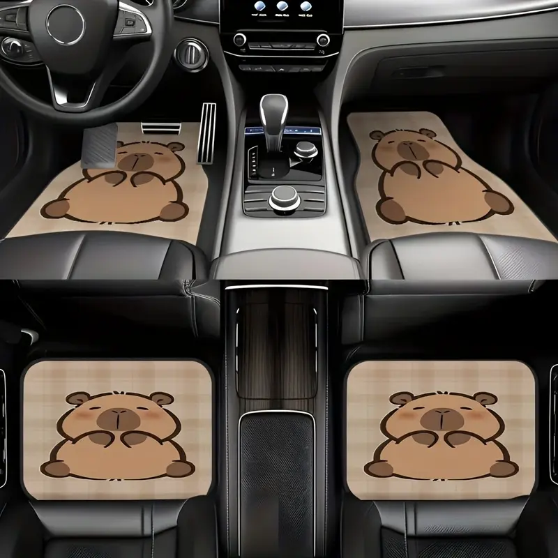 4pcs Cute Capybara Style Car Mats- Universal Fit, Front& Rear Seat, Durable Polyester, All-Season Car Accessories for Enhanced Interior Decor