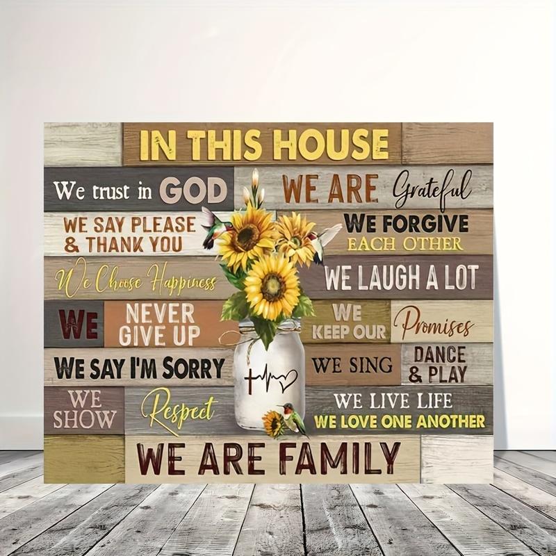 1pc Wooden Framed Jesus Canvas Art Print: In This House We Trust In God Canvas Print Poster Picture with Sunflower Mason Jar Hummingbird for Bedroom Home Decor Ready to Hang Gift