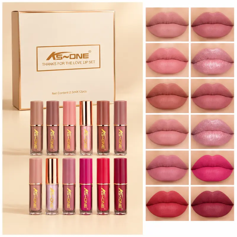 Women's 12-Color Liquid Lipstick & Lipgloss Set - 2.5ml Each, Alcohol Free, Matte & Pearl Finish, Lightweight, Long-Lasting, Moisturizing & Hydrating, Glossy Color, Makeup, Daily Lip Cosmetics, Beauty Gift
