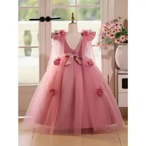 Girls' Princess Summer Dress - Sleeveless Flared Long Formal Gown with Beaded Waist Belt, Solid Color A-Line Toddler Dress for Weddings, Parties & Special Occasions, Princess Dress for Girls, Wedding Attire, Decorative Floral Accents, Tulle Skirt