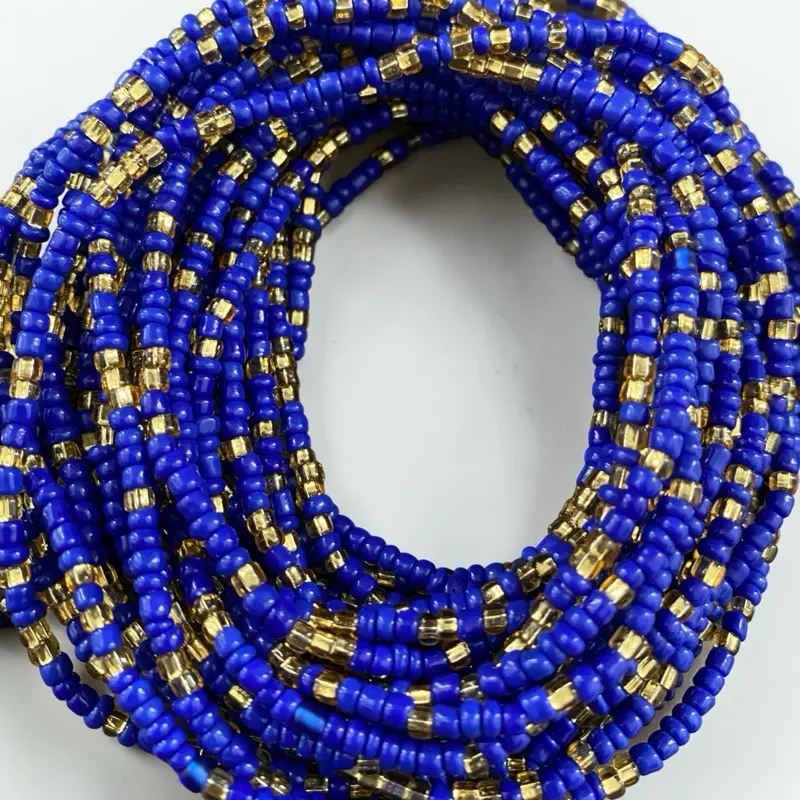 Waistbeads Blue and Gold Seed Bead Waist Beads for Women, Adjustable Non-Pierced Waist Chain Accessory for Party Wear, 25-45 Inch, Female, Adjustable Fit, Confidence Booster, Celebration
