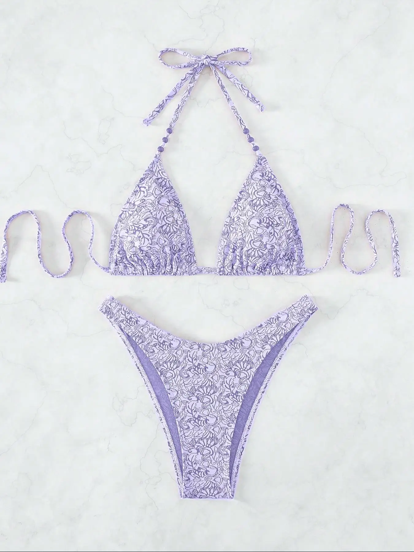 Two-piece Set Women's All Over Floral Print Tie Back Bikinis for Summer, Bathing Suits 2024 for Women, Halter Triangle Wireless Swim Top & High Cut Sw