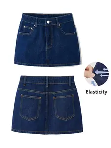 Women's A-Line Denim Mini Skirt, Pockets Design, Slim Fit, Elastic Fabric, Perfect for Party, Date, Casual