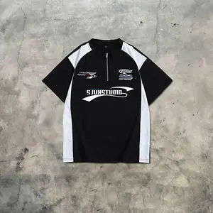 Men’s Summer Patchwork Colorblock Motorcycle Racing Short-Sleeve T-Shirt — Street Casual Loose Fit Versatile Sports Zip-Up Top for Men