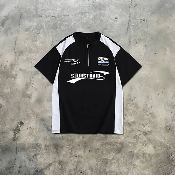 Men’s Summer Patchwork Colorblock Motorcycle Racing Short-Sleeve T-Shirt — Street Casual Loose Fit Versatile Sports Zip-Up Top for Men