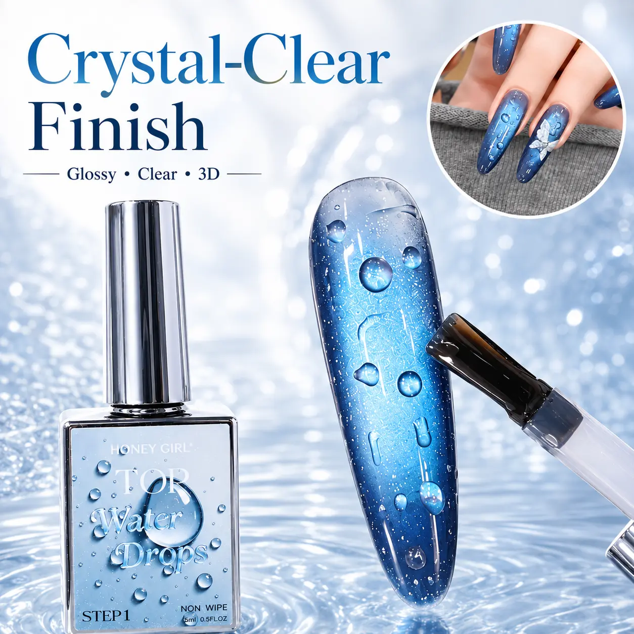 HONEY GIRL 01 High-Gloss Crystal Coat + 02 Water Drop Gel Set, Non-Wipe UV/LED Glossy Smooth Finish, Salon-Quality Realistic DIY Nail Polish Supply for Women, Glitter