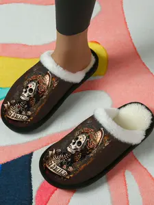 Gothic Skull Slippers 1 Pair | Day of the Dead Rose Design | Warm Plush Lined, Thick Non-Slip Sole | Trendy Unisex Home Slippers