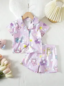 Girls' Short Sleeve Bear Striped Summer Sleepwear Set, Cloud Cartoon Pajamas, Cute Loose-Fitting Nightwear for Daily Wear & Movie Nights
