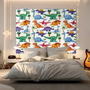 Colorful Cartoon Dinosaur Digital Print Wall Tapestry, Fun Tapestry Design for Kids Room, Vibrant Wall Hanging Tapestry with Palm Trees, Ideal for Playroom Decor, Playful and Whimsical Home Aesthetic, Perfect Gift for Dino Lovers