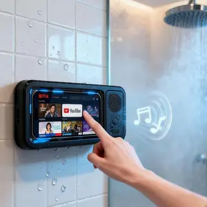 Waterproof Bluetooth-compatible Speaker Box, 360° Rotating Touch Screen, Waterproof Bathroom TV Stand, Ideal for Pool, Kitchen, Shower