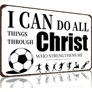 Soccer Gifts I Can Do All Things Through Christ Philippians 4:13 Inspirational Bible Verse Tin Sign for Boys Room Man Cave Bedroom Living Room Decor