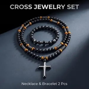 2Pcs Set Men Matte Black Bead Cross Rosary Necklace & Bracelet Natural Tiger Eye Stone Stainless Steel Cross Pendant Religious Prayer Jewelry Gift For Him