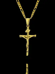 Rustic Cross Necklace Male Figaro Link Chain Gold Plated Crucifix Jewelry Gifts, Handmade Jewelry