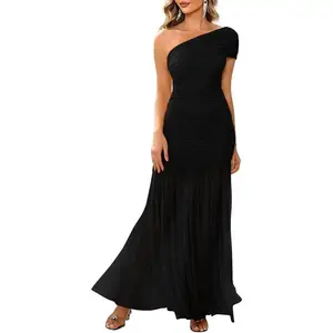 Women's Elegant Formal Long Dress One Shoulder Sleeveless Ruched Bodycon Evening Dress