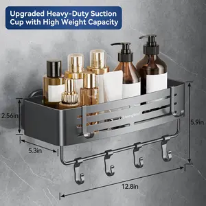 Suction Cup Shower Caddy, No-Drill Rustproof Aluminum Bathroom Shelf with Towel Bar and Hooks